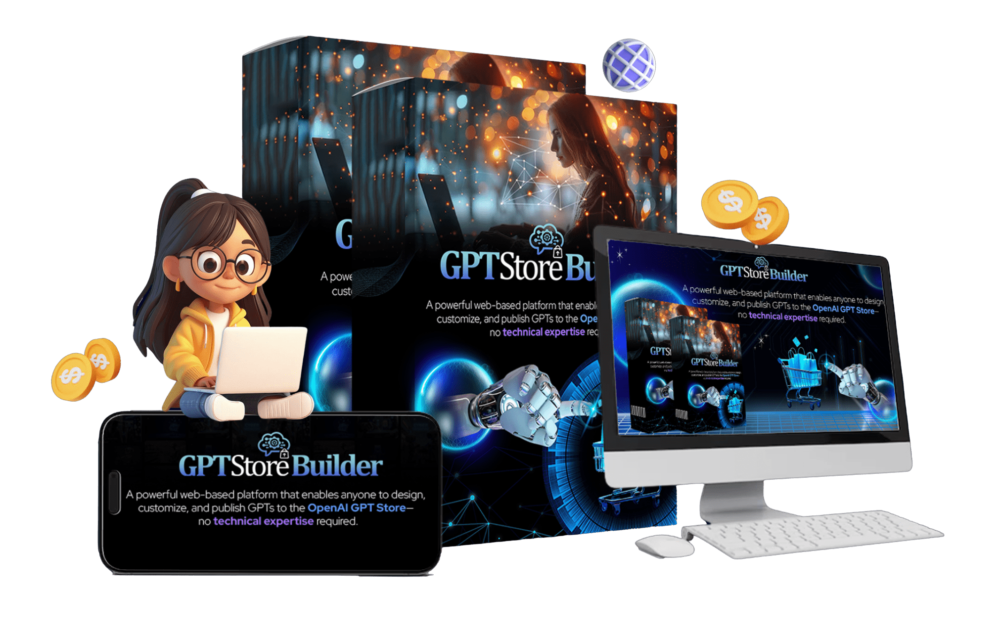 AI-style hero image showing a laptop screen with the GPT Store Builder dashboard, colorful GPT templates, and bold text about creating and launching profitable GPTs with no coding.