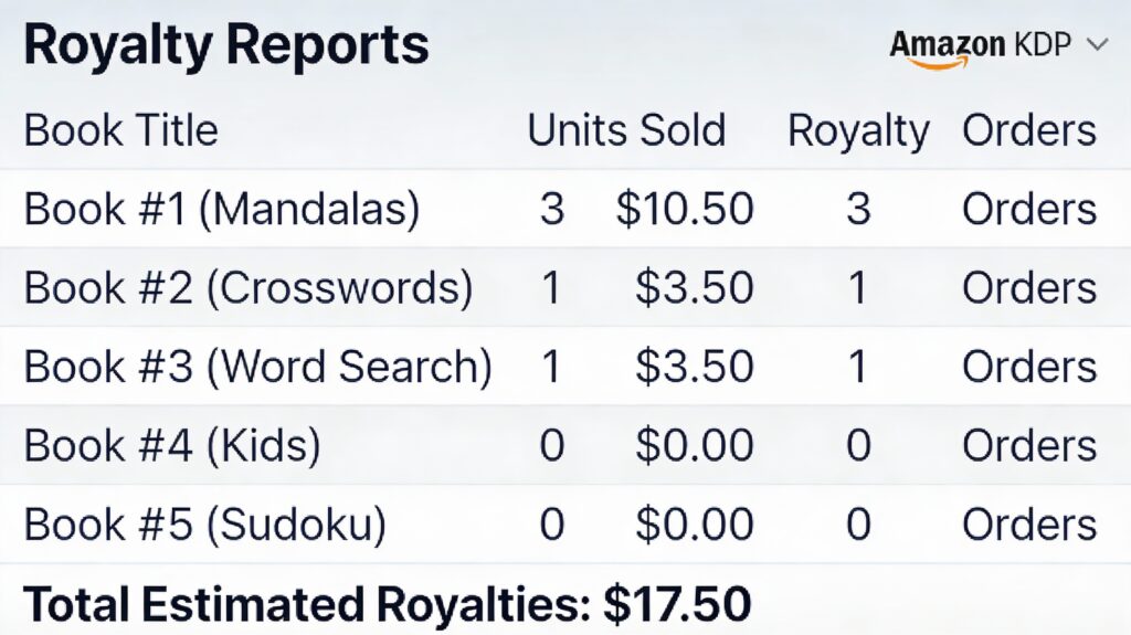Book Ninja Review 2026: Amazon KDP Dashboard showing $17.50 earnings from 5 books created in 45 minutes