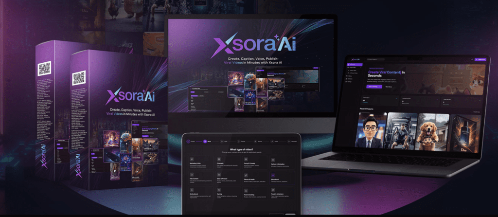 XsoraAI 2026 screenshot showing AI video generation interface with text-to-video creation, viral content examples, and launch countdown timer