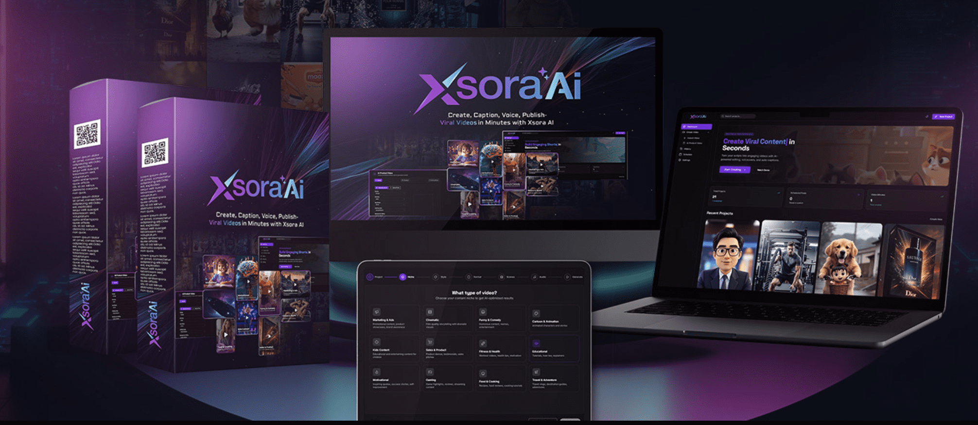 XsoraAI 2026 screenshot showing AI video generation interface with text-to-video creation, viral content examples, and launch countdown timer
