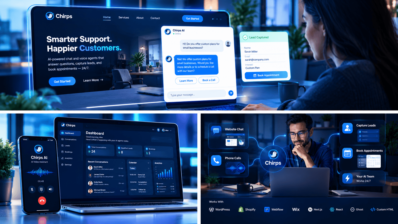 Chirps AI interface showing an AI customer-support chat agent, voice assistant, qualified lead capture, appointment booking workflow, analytics dashboard, and website integrations