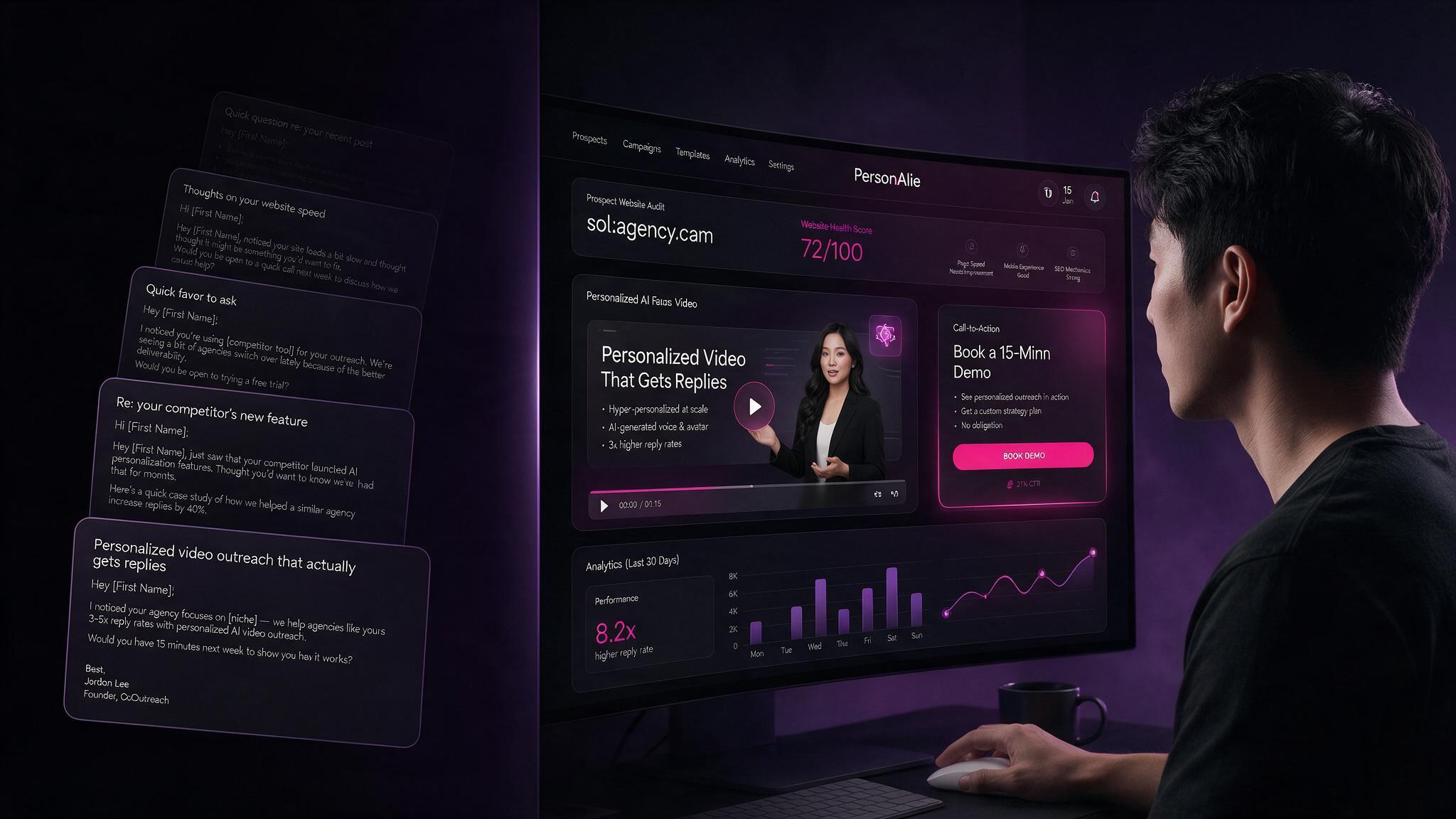 Premium editorial illustration showing generic cold outreach changing into personalized AI video outreach with a prospect website audit and call to action